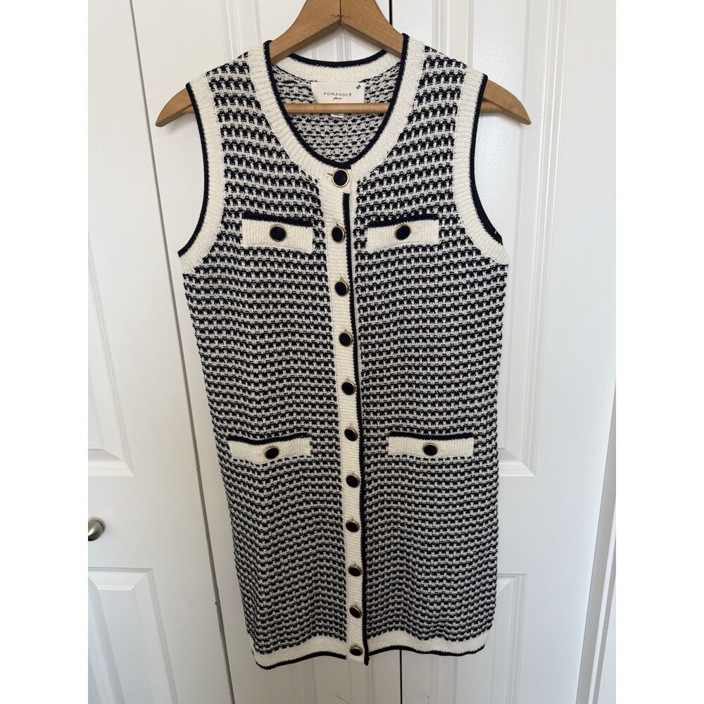 Pomander Place Tuckernuck Navy & White Knit Shift Dress with Gold Buttons Medium